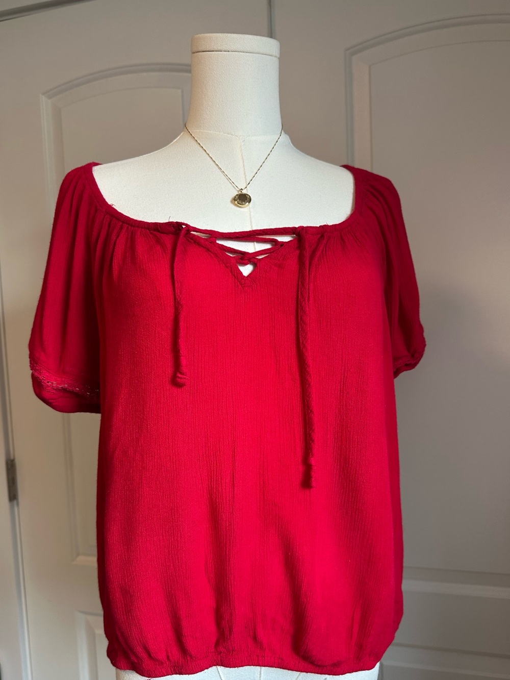 Feminine & Romantic Hollister Bright Red Lace-Up Peasant Top